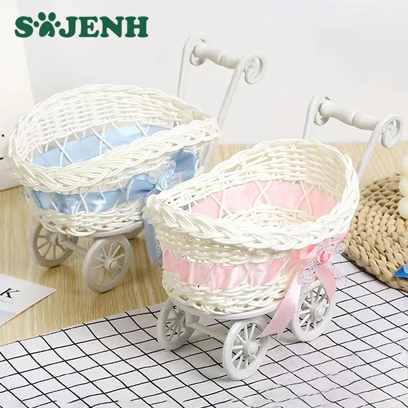 Woven Storage Basket Baby Shopping Cart Stroller Candy Wicker Storage Miniature Flower Basket Baby Shower Gifts Party Favors