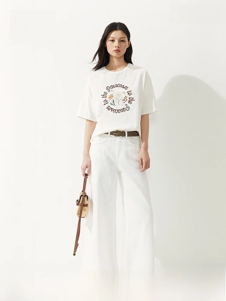 

H&M Women's T-irt Loose Fit Printed mid Sve round Ne oulder Pattern Casual Sle Cotton 00% Streetwear