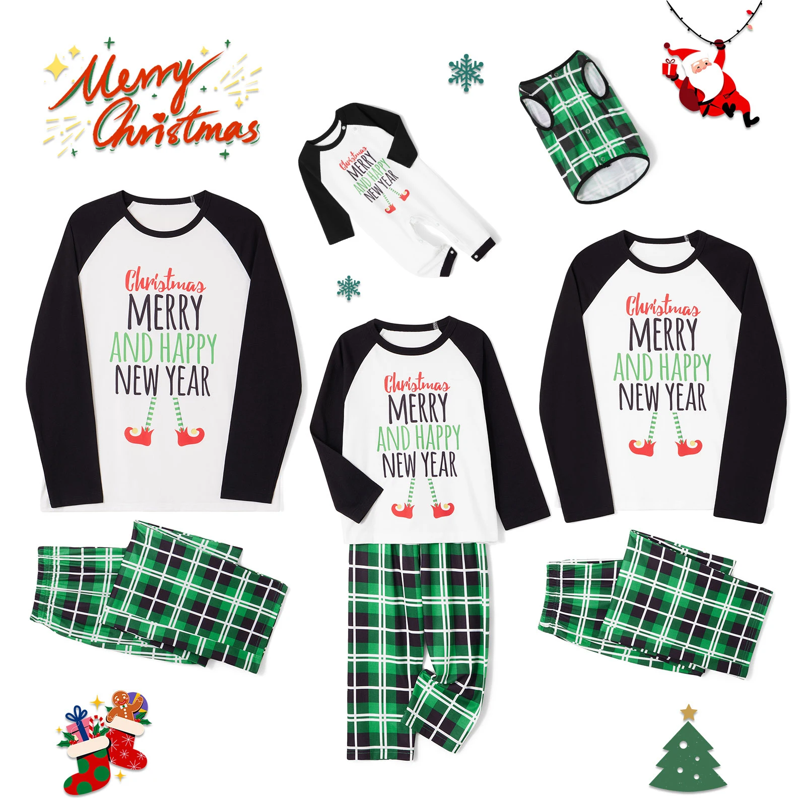 Conjunto de pijama combinando de Natal, carta estampada, camisa manga comprida, calça xadrez elástica, loungewear macio, pijamas, 2022