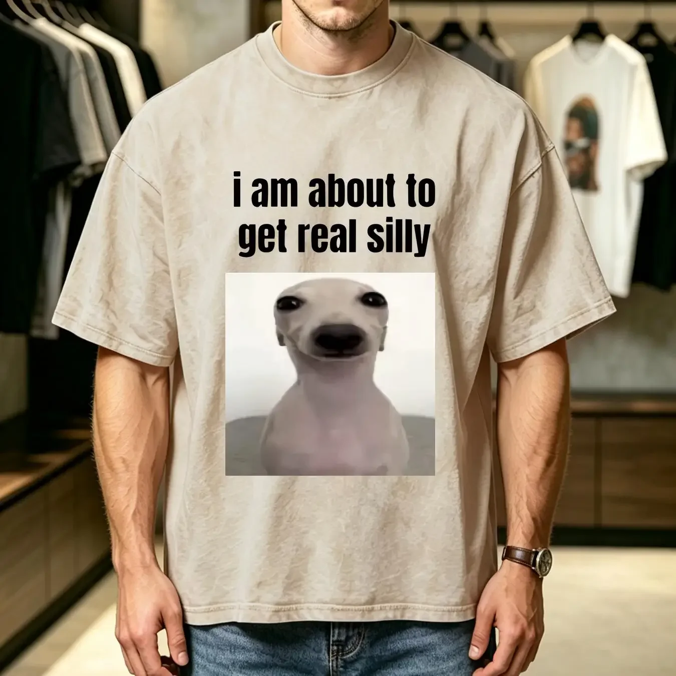 washed T Shirt I Am About To Get Real Silly Dog Staring Meme White S 5XL long or short sleeves vintage Washed fashion homme