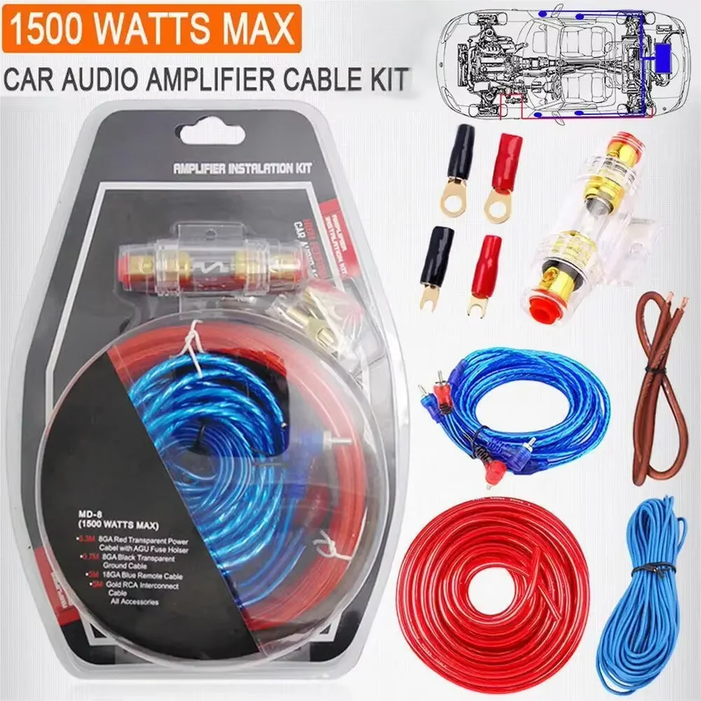 1500W Car Power Amplifier Wiring Kit 8GA RCA Power Cable AMP Wiring Fuse Holder Subwoofer Speaker Line Vehicle Modification Part