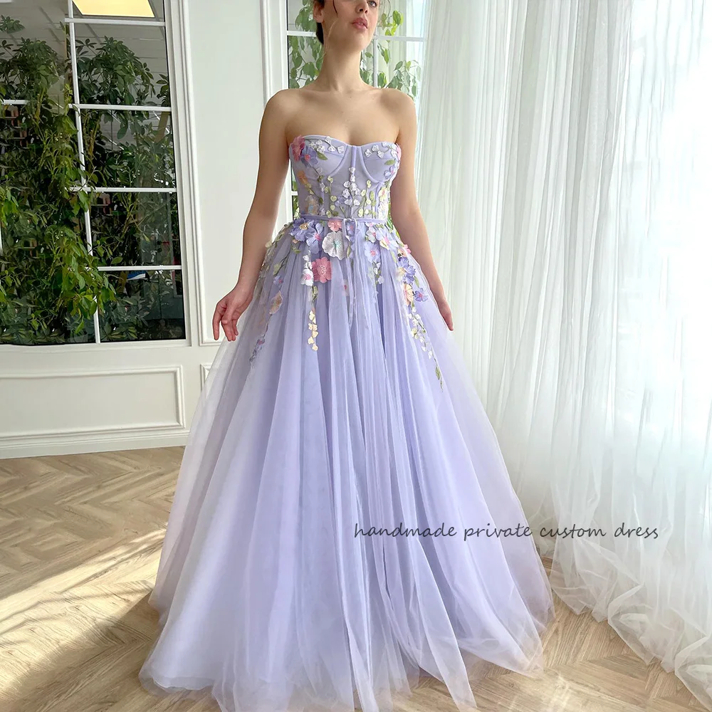 

Lavender Colorful Flowers A Line Prom Party Dresses Draped Tulle Sweetheart Princess Graduation Dress Long Homecoming Gowns