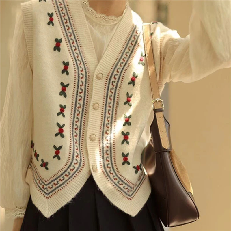 MEXZT Vintage Print Sweater Vest Women Embroidery V Neck Knitted Cardigan Harajuku Korean Outwear Waistcoat Casual Tank Top New