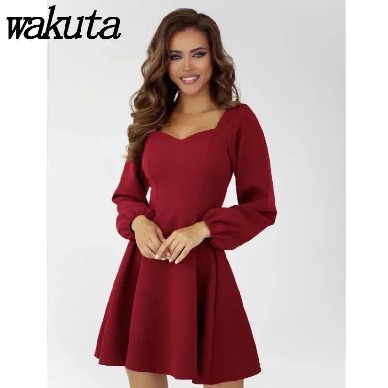 WAKUTA 2024 Summer New Fashion U-neck Bubble Sleeve Mid Length Dresses Zipper Solid Color Slim Fit Vestidos De Noche Juveniles