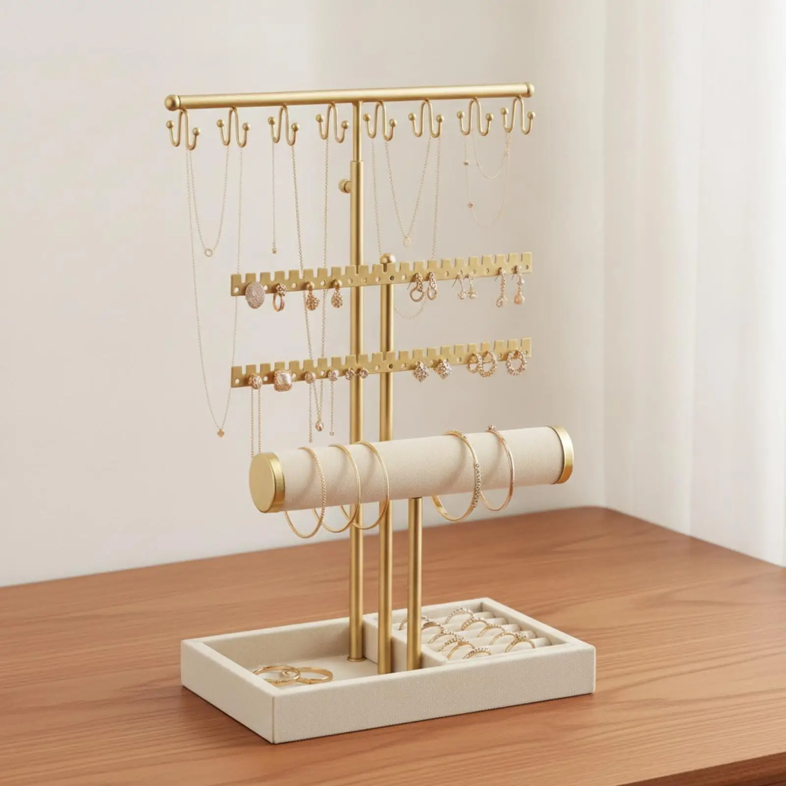Elegant Gold Tone Jewelry Holder Stand with Rectangular Tray and Ivory Cushion Bar for Necklace Bracelet Earring Organizer on