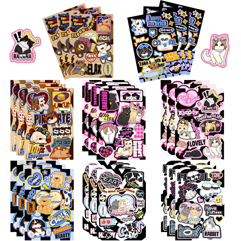 8Sheets American Sweet Cool Cute Pet Graffiti Stickers for Bicycle Hand Account Pencil Case Decals Golden Memory Stickers Store
