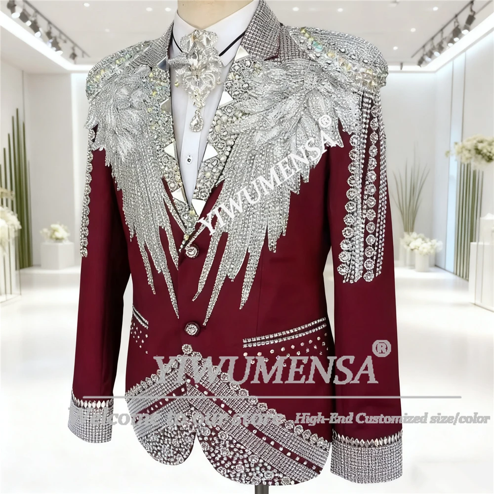 

Мужские костюмы с блестящими камнями и бисером, комплект из 2 предметов, однобортный пиджак, брюки, индивидуальные свадебные смокинги для жениха, экстравагантные 2026