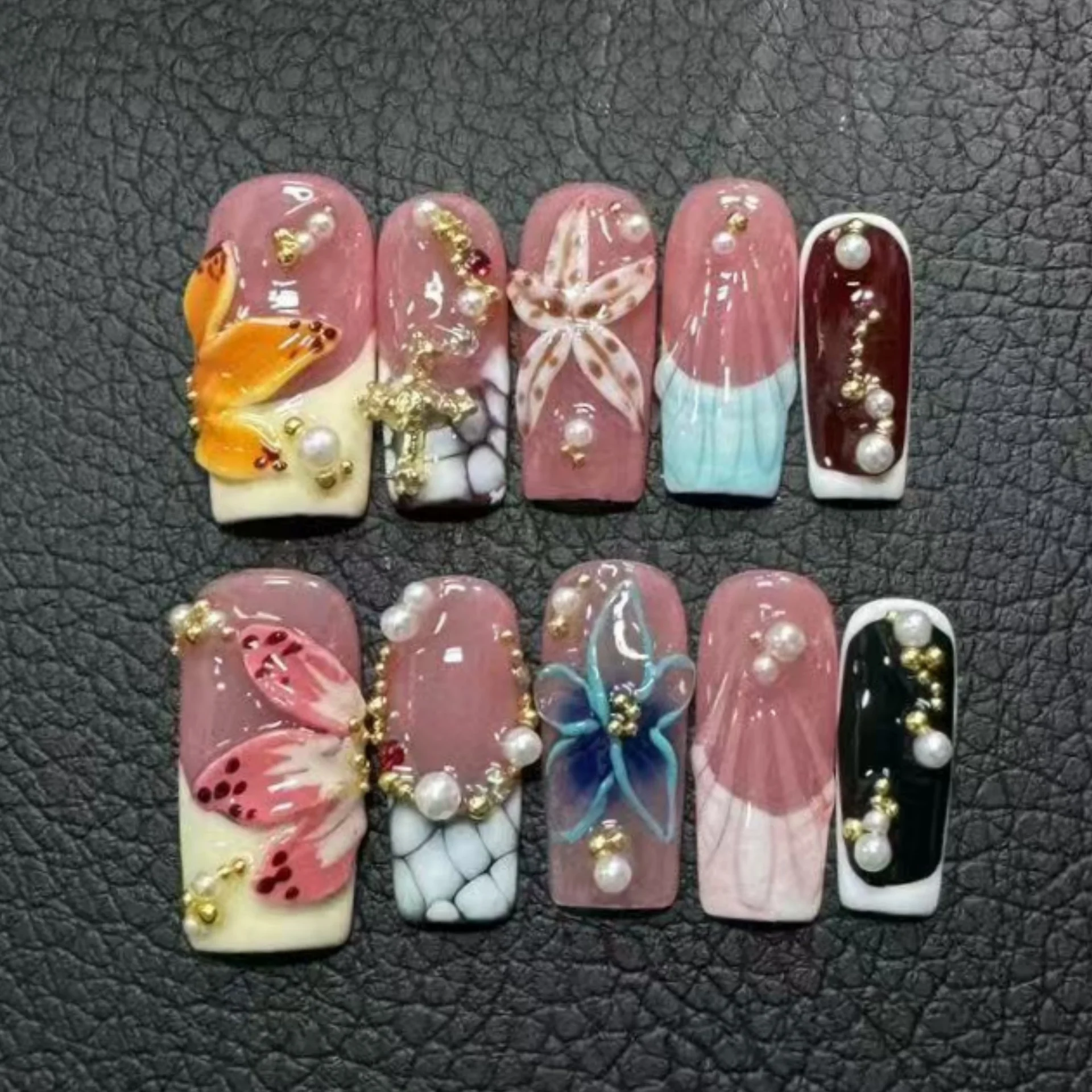 10pcs French Square Handmade False Nails Flower Pearl Design Fake Nail Gradient Colorful Press on Nails for Hot Chick Manicure
