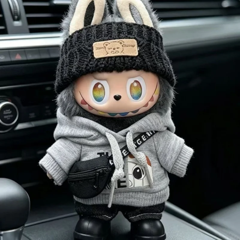 For Labubu 15 17cm Doll Clothes Cool Street Style Hoodie Jeans Set With Glasses Dress Up Outfit For Blind Box Plush Figures