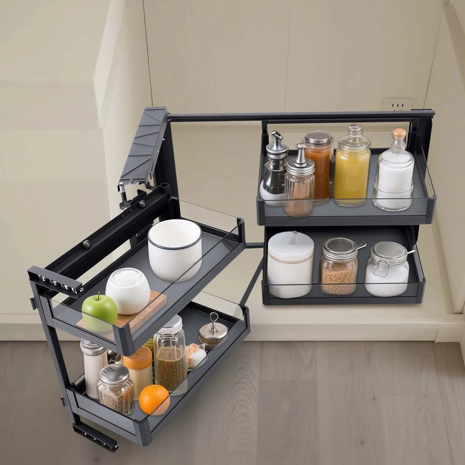 

14-дюймовый слепой угловой шкаф, выдвижной, 2 уровня, с 4 съемными полками, универсальное крепление, правый или левый угловой органайзер для кухонного шкафа