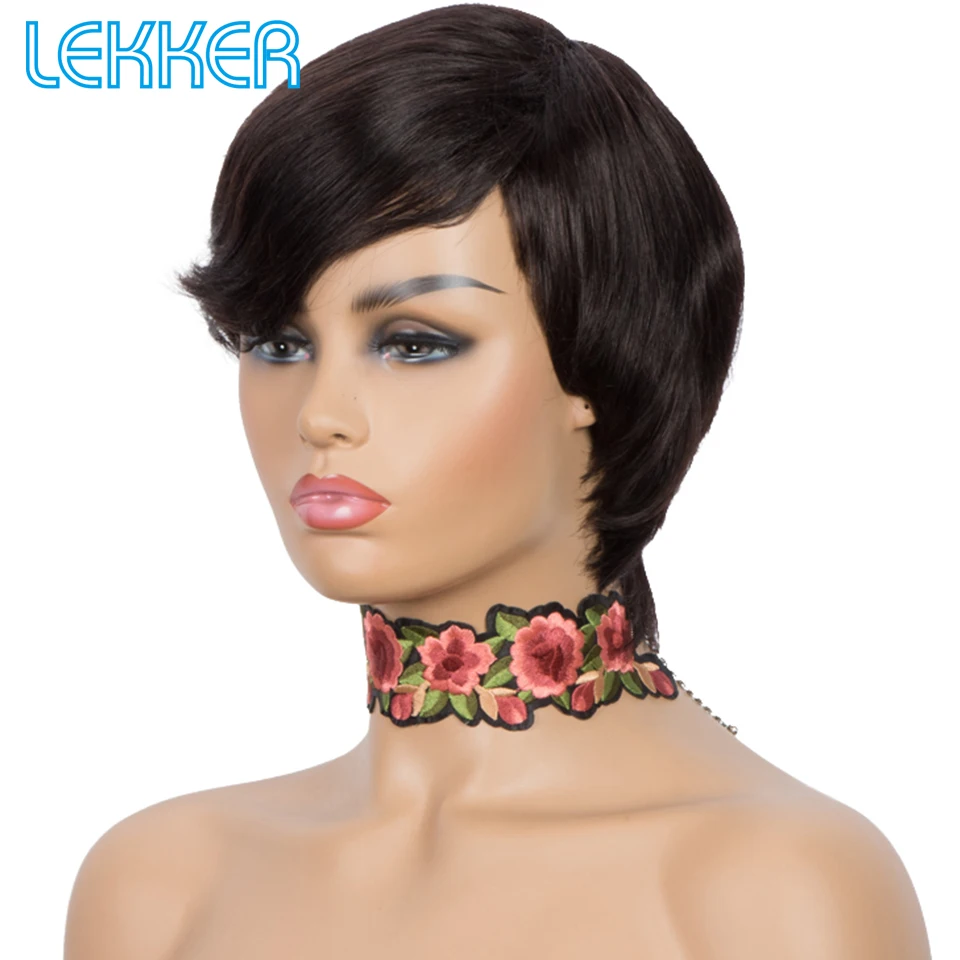 Lekker التخليص الأسود قصير عابث قطع 100% خصلات الشعر المستعار الإنسان للنساء البرازيلي شعر ريمي آلة كاملة صنع لا الغراء شعر مستعار مستقيم