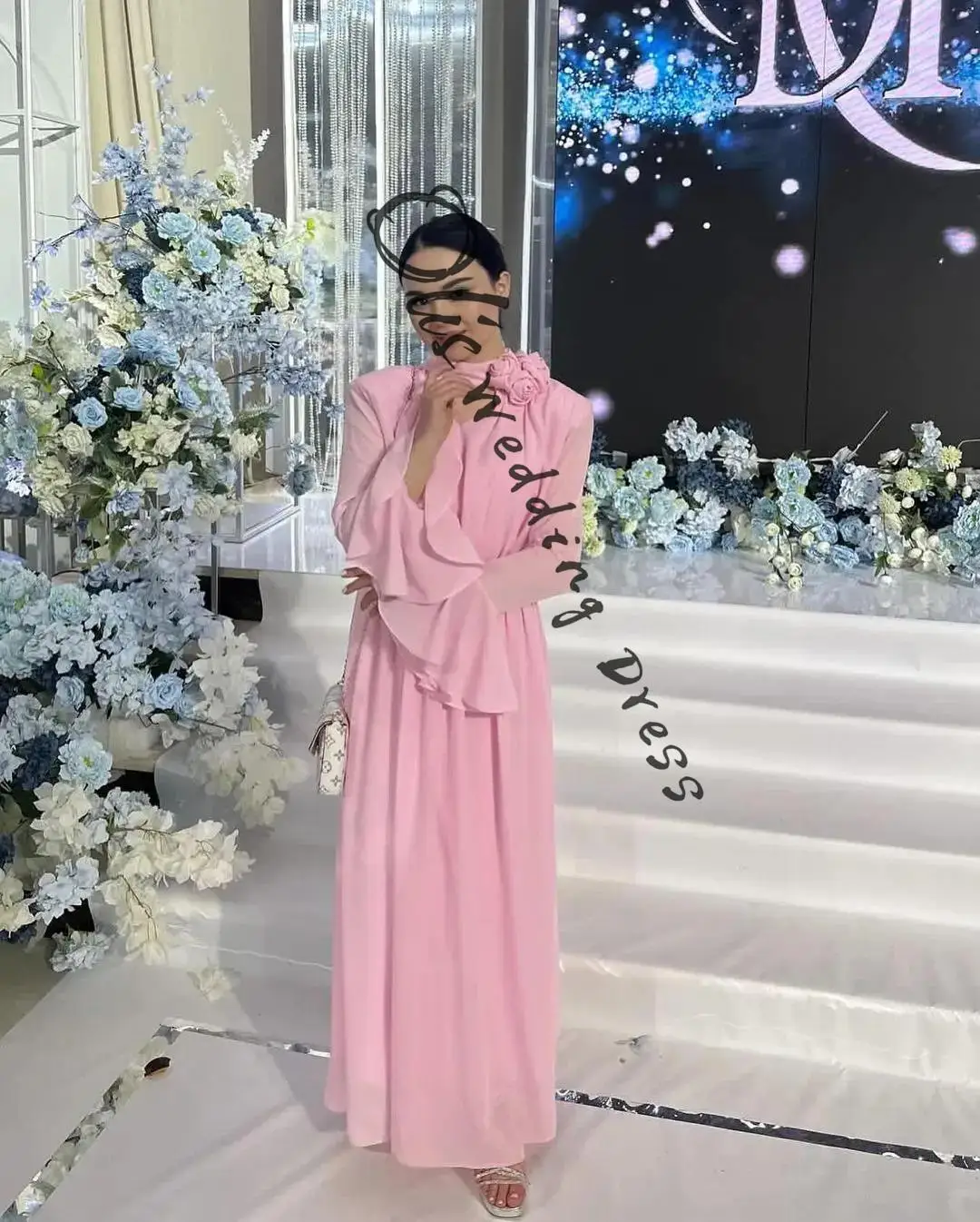 

customized Elegant Long Sleeves Prom Dresses V Neck Floor Length Pleated Flowers Party Dresses Evening Dresses