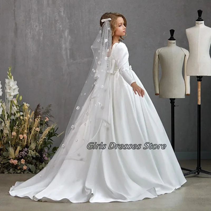 White Ivory Elegant Square Neck Long Sleeve Wedding Party Formal Occasion Satin Flower Girl Dress