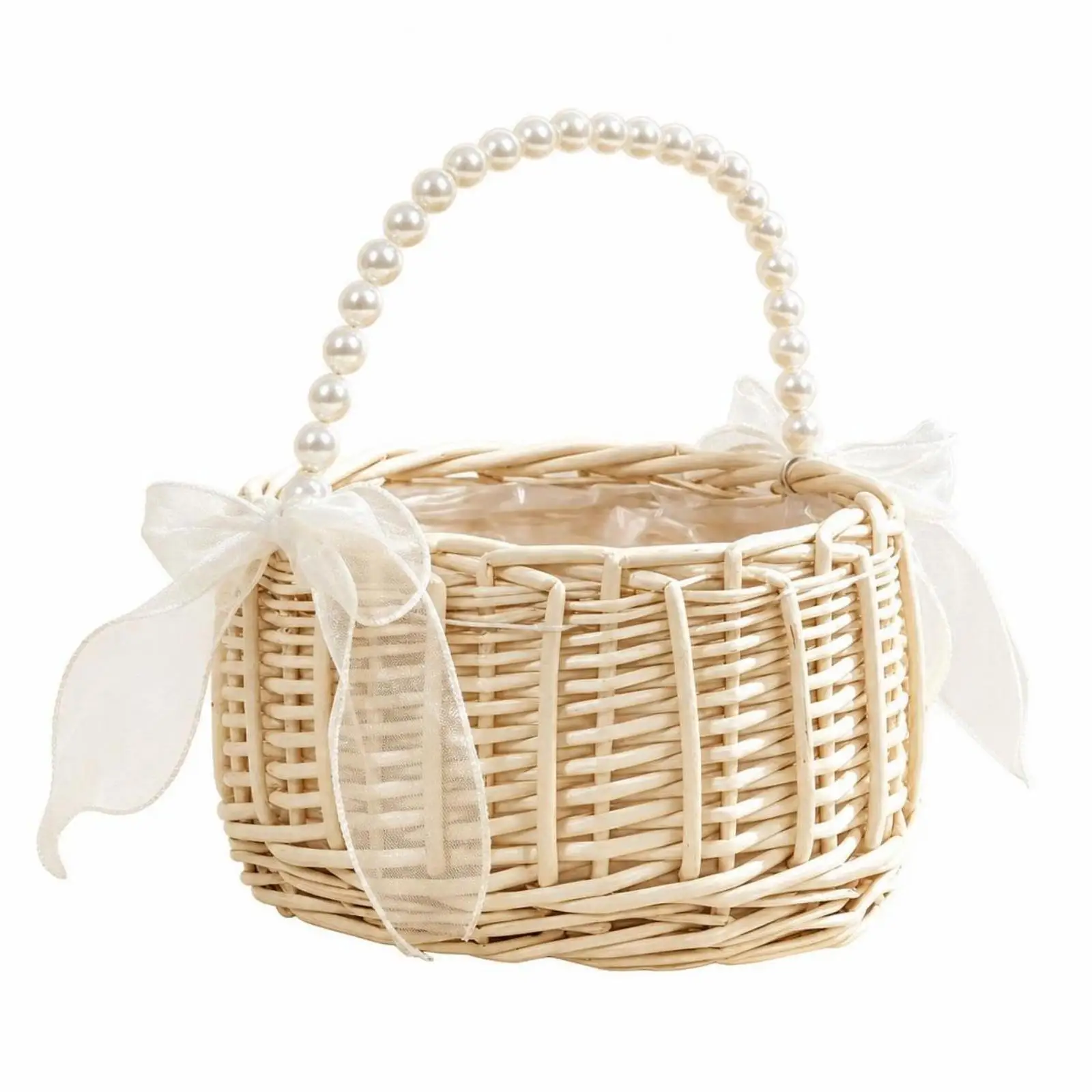 Light Beige Wicker Basket for Home Decor Floral Arrangement Storage Round Handwoven Organizer with Fabric Liner