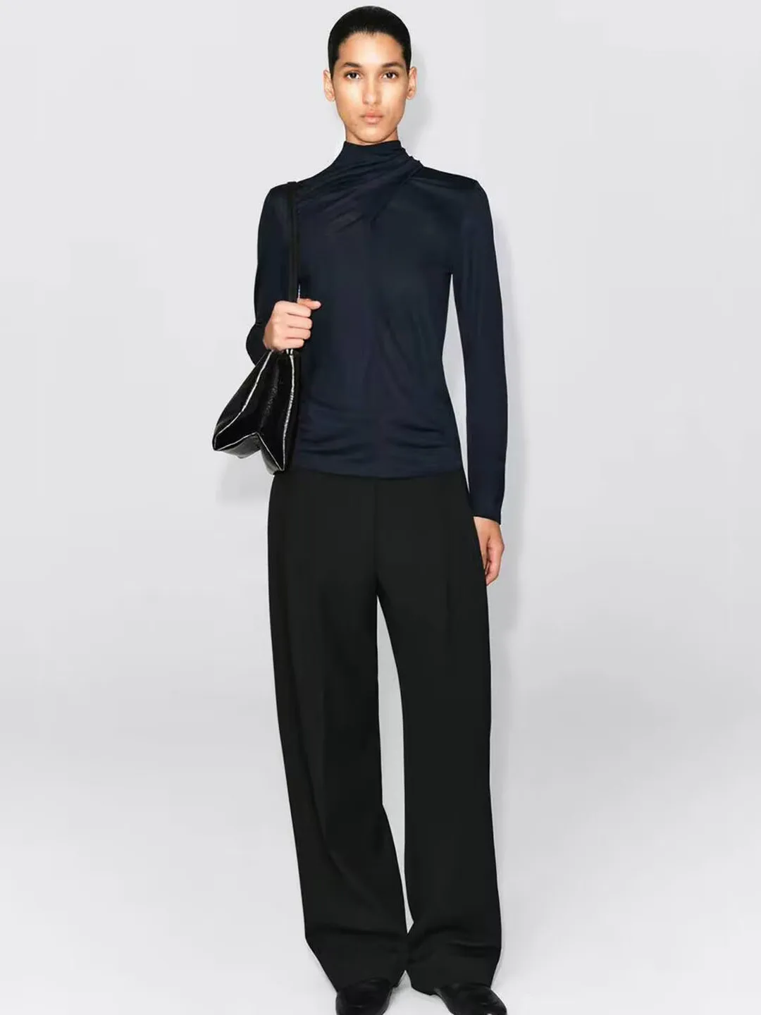 Elegant Deep Purple Slim Fit Top with Scarf Details New Autumn 2026 Women's Fashion High Collar Long Sleeve T-Shirt