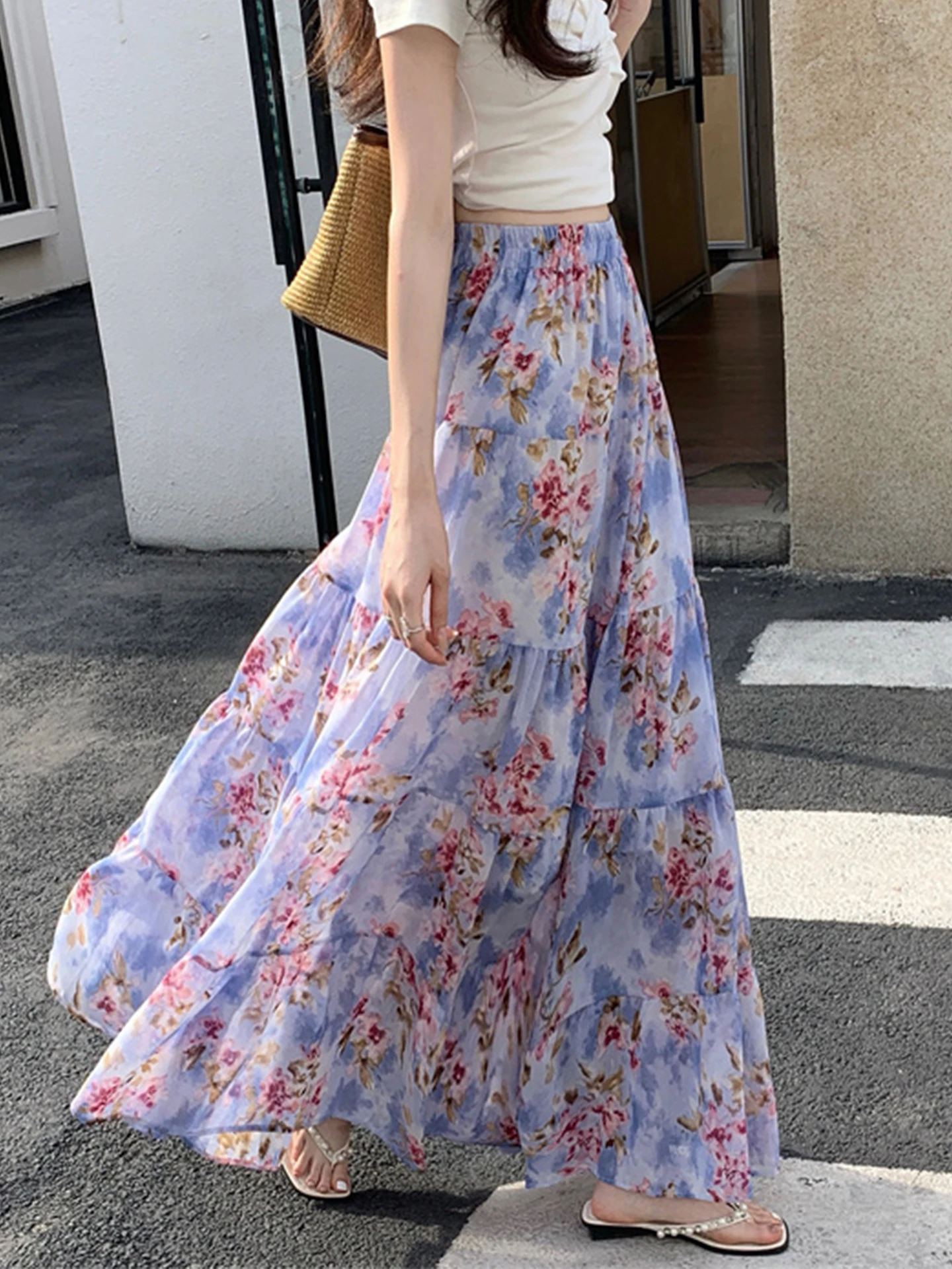 Summer 2026 Floral Print Chiffon Half Skirt Women's Elegant A-Line Fairy Tale Cake Skirt Travel Vacation Casual High Waist Br...