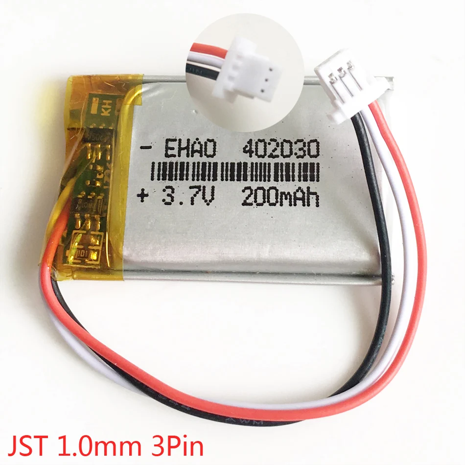 3.7V 200mAh 402030 Lipo polymer battery Rechargeable JST 1.0mm 3pin Plug customized CE FCC ROHS MSDS quality certification