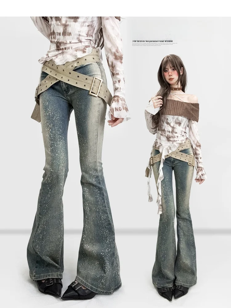 

Retro American Denim Flared Trousers Color Gradient Splatter Design Low Waist Women's Jeans Cotton Stretch Fabric