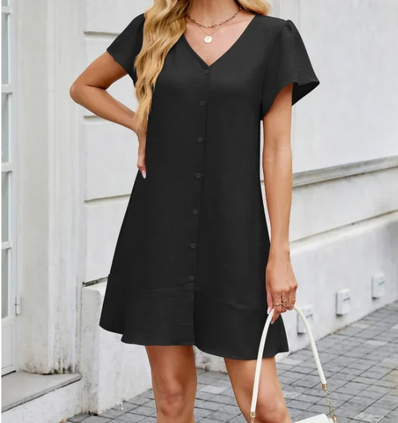 Letnia Sukienka Damska Modna Jednolita Kolor Dekolt V Pasek Guziki Kardigan Krótki Rękaw Sukienka Codzienna Uniwersalna Modna Sukienka Koszulowa