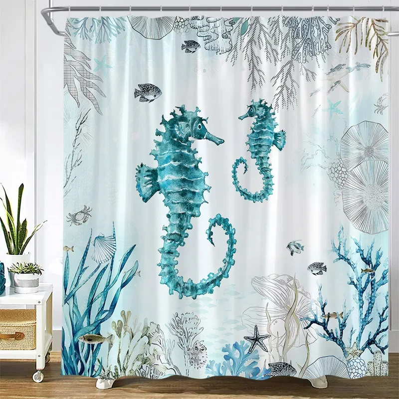 Ocean Animals Shower Curtain Sea Turtle Fish Starfish Seaweed Coral Underwater Scenery Waterproof Fabric Bathroom Decor Curtains