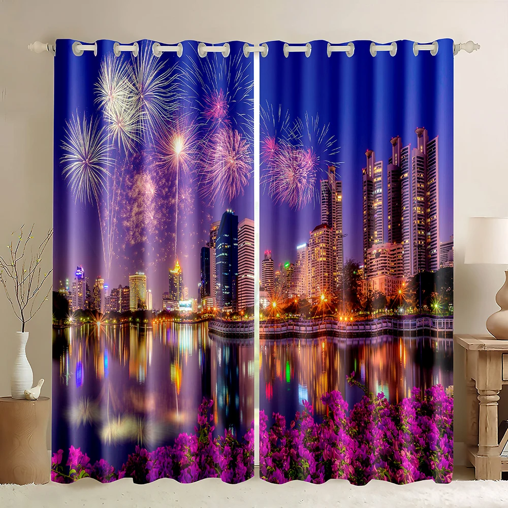 Fireworks Blackout Curtains,3D City Night View Colorful Fireworks Sky Fireworks Reflection In Water Pattern Window Curtains