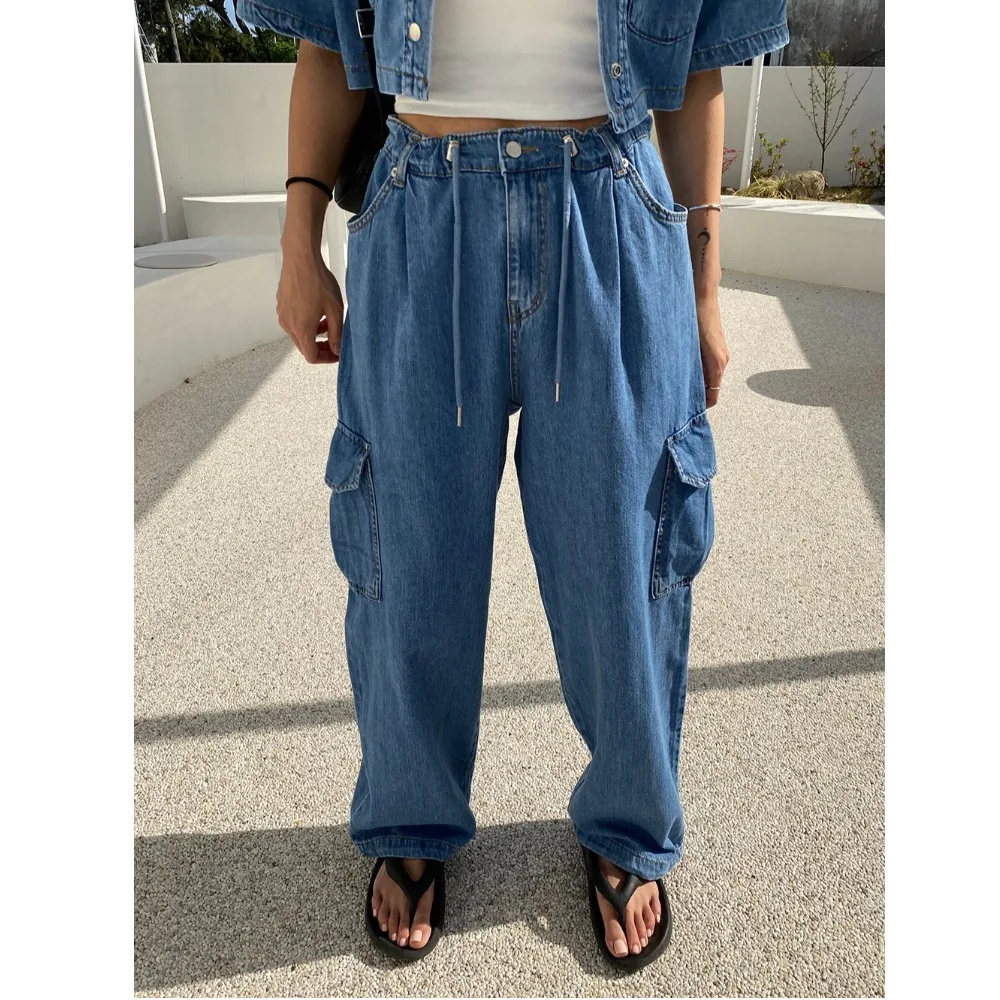 Casual Wide Leg High Waist Jeans Drawstring Pocket Workwear Trousers 2 Colors Personalized Loose Fit Standard Size Cotton