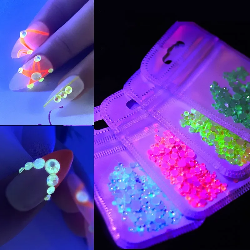 1 paczka Luminous kryształ mieszany rozmiar SS6-SS20 Nail Art dekoracyjne kryształy 3D brokat diament biżuteria świecące w ciemności 8 kolorów