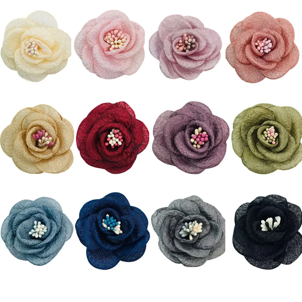 2.0 Inch Solid Burned Fabric Flowers Flat Back Children DIY Accessories Organza Rosette For Hats Shoes Garment