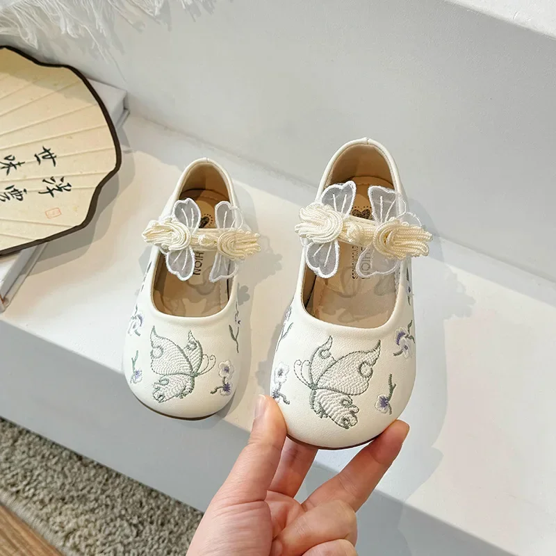 Girls Spring Autumn New Chinese Style Small Pu Leather Shoes Princess Single Square Mouth Kids Loafer