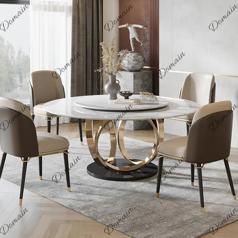 Luxury Marble Round Dining Table for 10 with Lazy Susan and Induction Cooker, Large Family Villa Kitchen Furniture