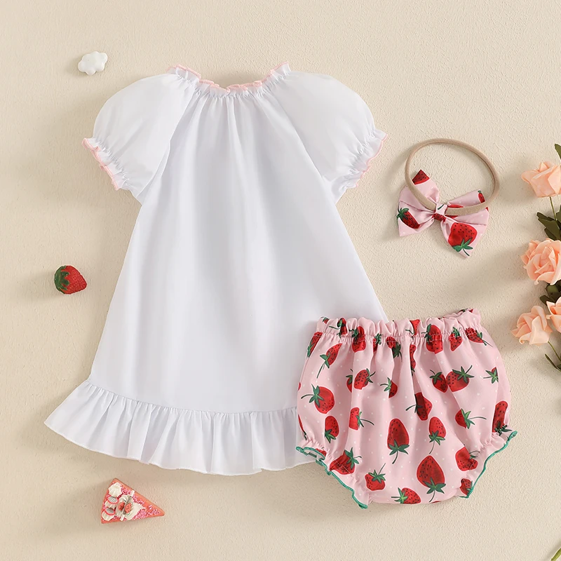 Suefunskry Baby Girl Birthday Outfits Letter Embroidery Short Sleeve Tops Strawberry Print Shorts Headband 3Pcs Summer Set