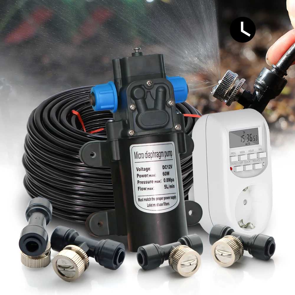 

6-21m Garden Misting Cooling System 60W Self-priming Pump Kit with Timer 0.3mm Fan-type Nozzles Irrigation Atomization Sprayers