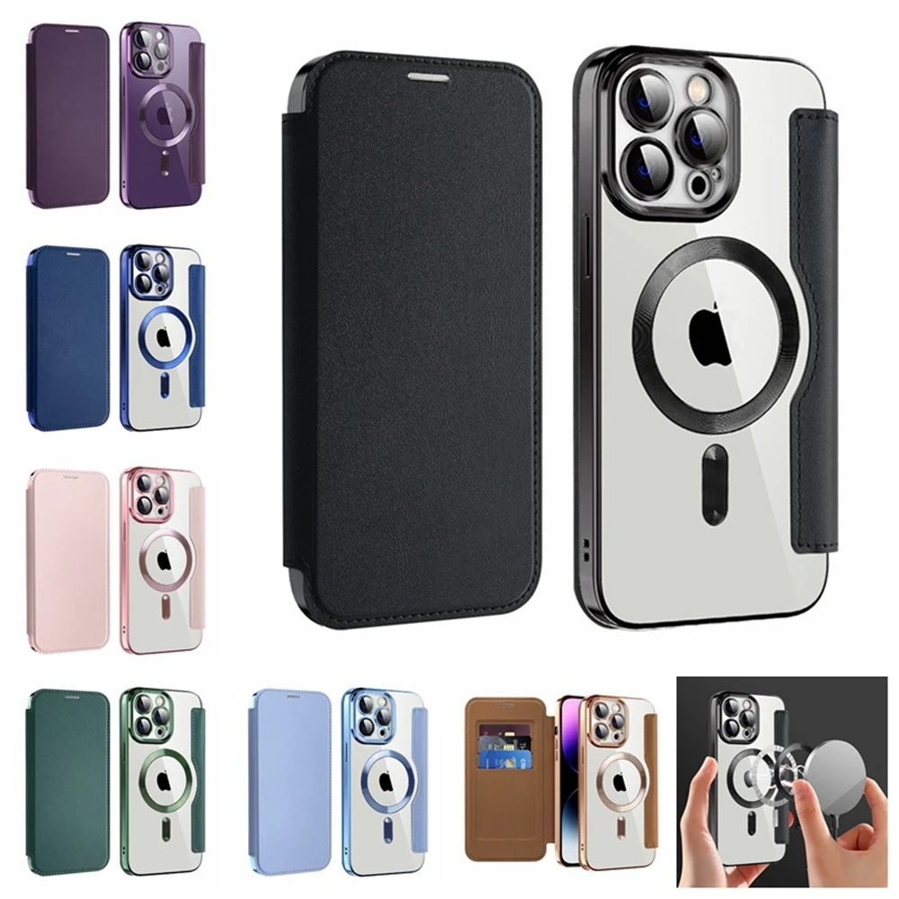 

MagSafe Magnetic Wireless Charge Case for iPhone 15 Pro Max 12 13 14 Pro Max 15 Plus 14 Pro Holder Leather Wallet Flip Cover