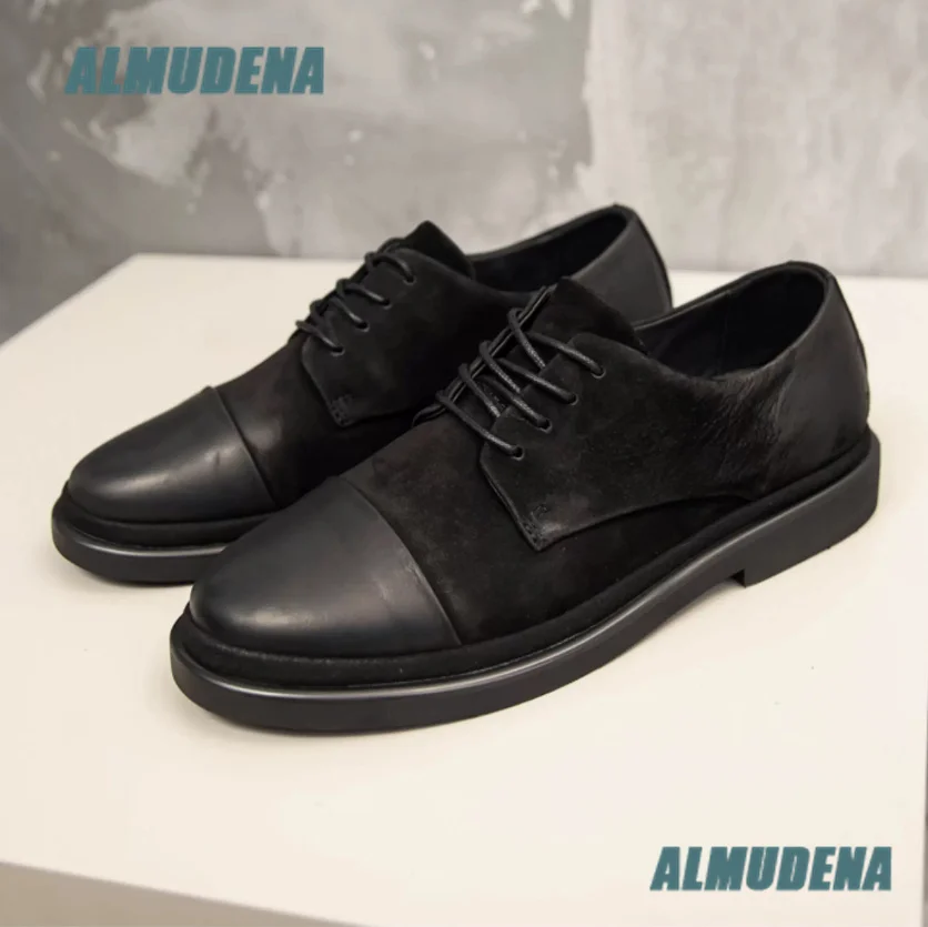 Men Patchwork Leather Suede Derby Shoes Lace Up Thick Flat Sole Business Oxford Shoes Trendy Luxury Designer Autumn Men's Shoes