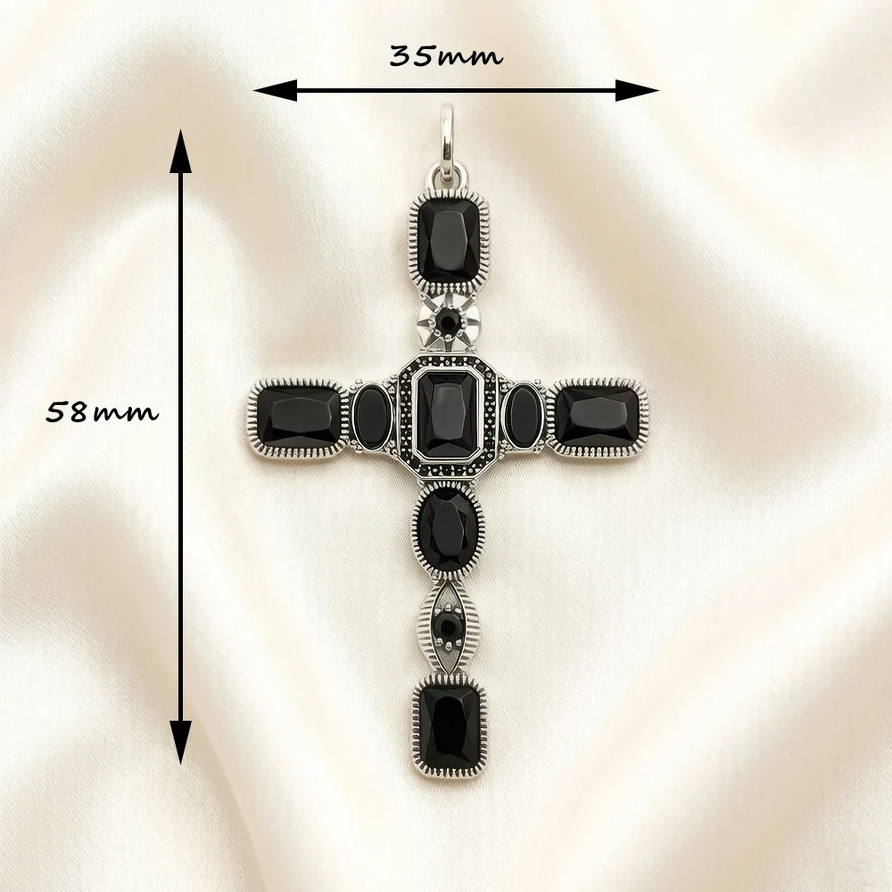 Cross Black Stone Pendant,Brand New 925 Sterling Silver Vintage Jewelry Accessories Graceful Faith Gift For Woman