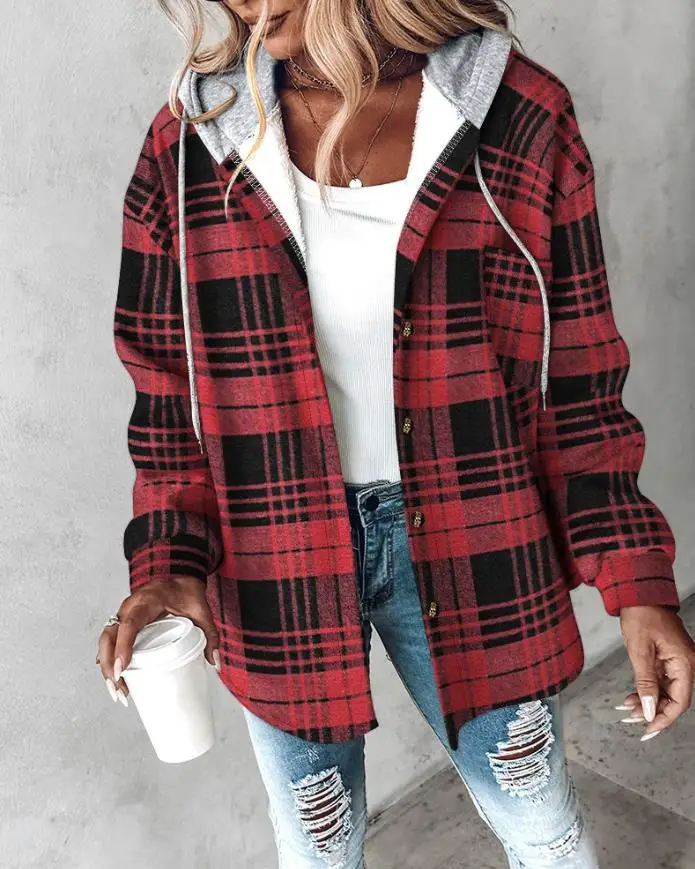 

Fashion Plaid Print Button Front Pocket Design Drawstring Hoodie Jacket Women's Casual Asymmetrical Hem Thermal Lined Shirt Coat