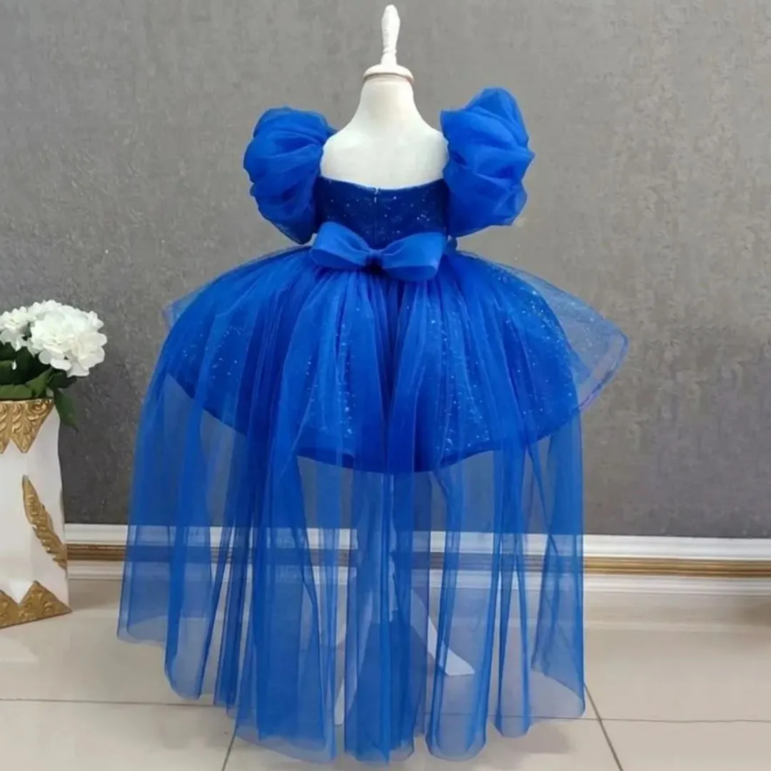 Customized Flower Girl Dress Royal Blue Tulle Sequin Bow Trailing Short Sleeve For Wedding Birthday Prom Party Ball Banquet Gown
