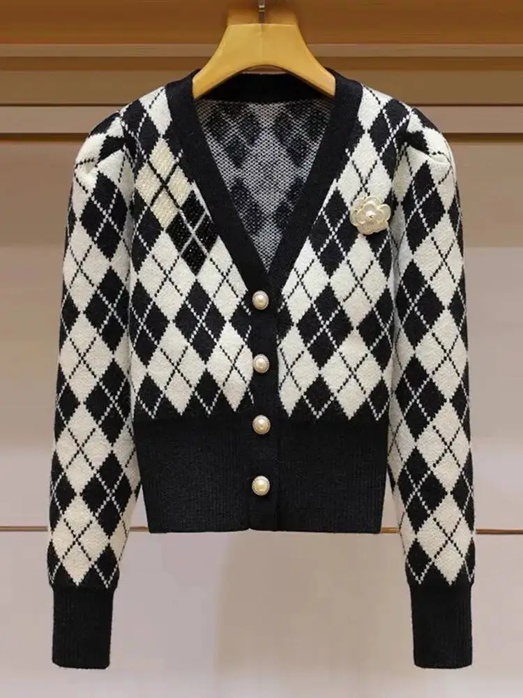 

2025 Autumn New Flower Argyle Knitted Cardigan Sweater Women V-neck Single Breasted Bubble Long Sleeve Knitwear Tops Jumper