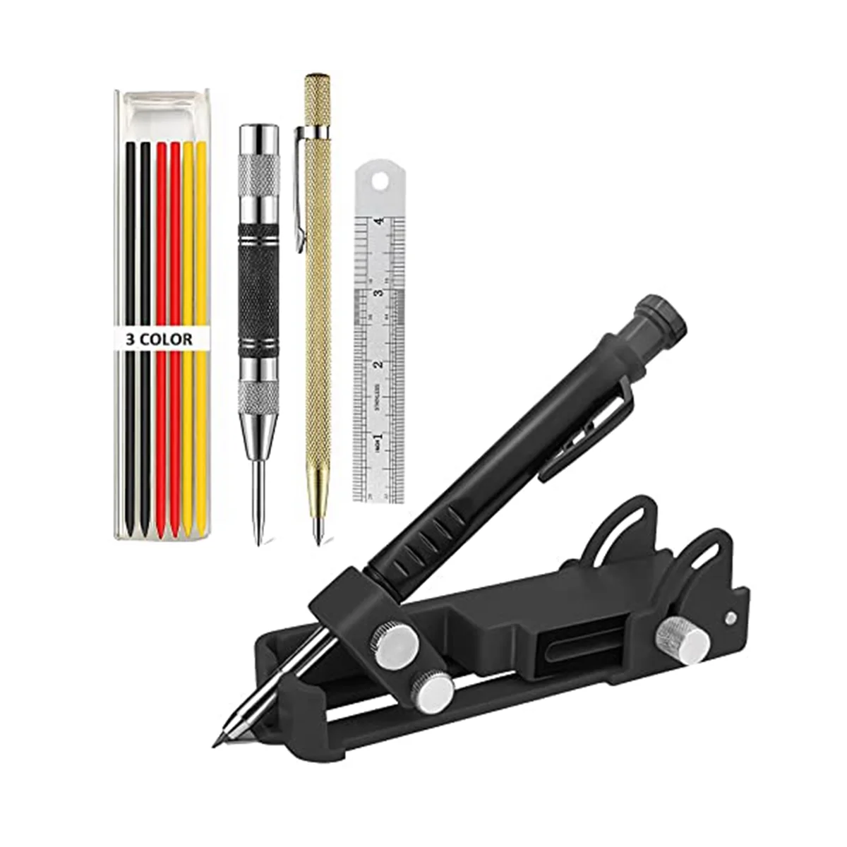 Multifunction Scribe Tool - Deep Hole Pencil, Carpenter Pencils Set with Automatic Center Punch, Carbide Scribe Tool