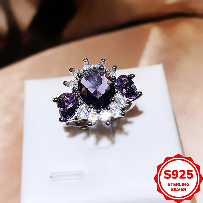 Temperament and High-end Authentic S925 Silver Sunflower Dark Purple Heart-shaped Zircon Women's Ring