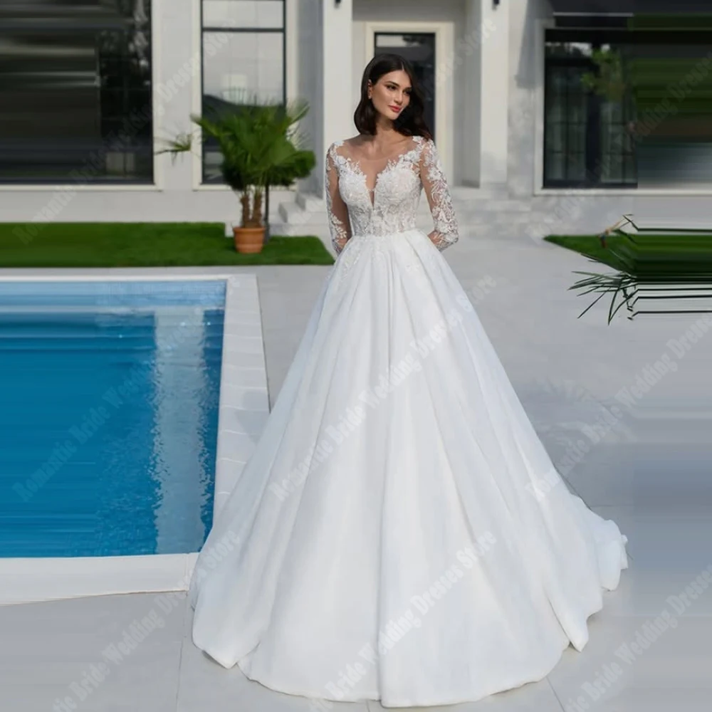 

Illusion V-Neck A-Line Wedding Dresses Sweetheart Collar Lace Sleeves Bridal Gowns Mopping Length Vestidos De Novias Customized