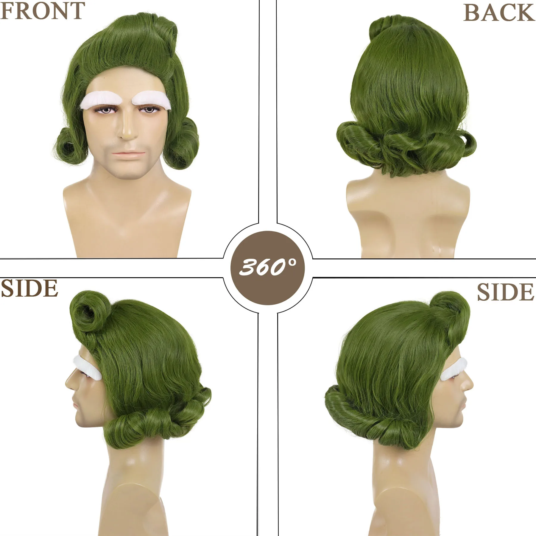 الاصطناعية قصيرة مجعد الباروكات للرجال شعر مستعار أخضر وأقواس بيضاء شعر مستعار تأثيري أنيمي فيلم زي الذكور هالوين يتوهم شعر مستعار للحفلات