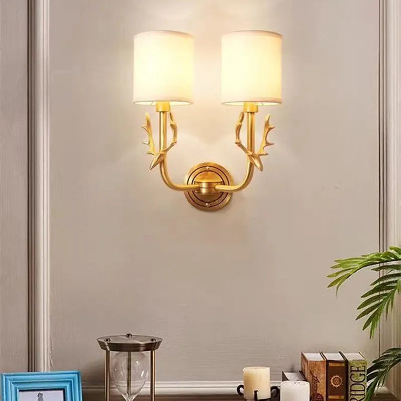 Brass Deer Head Wall Light American retro wall lamp For Reading Bedroom appliques mural interieur Corridor loft style lamp