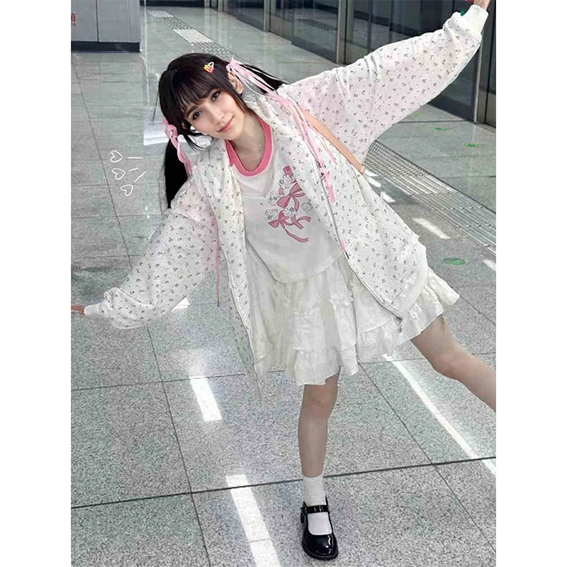 Floral Embroidery White Kawaii Hoodie Lace Japanese Sweet Girls Spring 2024 Hoodies Cute Long Sleeve Y2k Loose Harajuku Coat