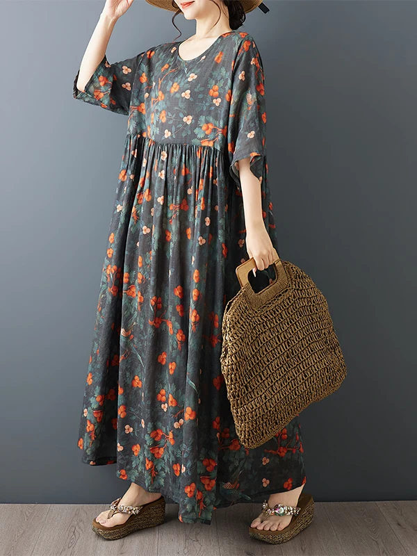 

Новое летнее дышащее хлопковое платье миди А-силуэта с богемным принтом, круглым вырезом, коротким рукавом, больших размеров, для прогулок по городу