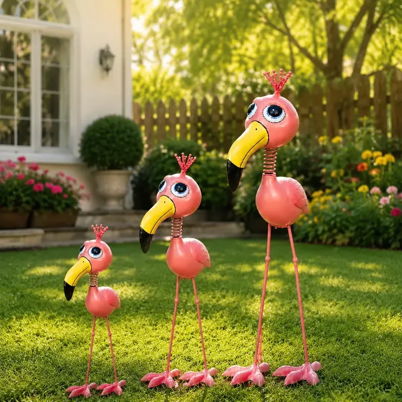 Metal Flamingo Garden Statue Set 3 Sizes Weather Resistant Outdoor Yard Decoration