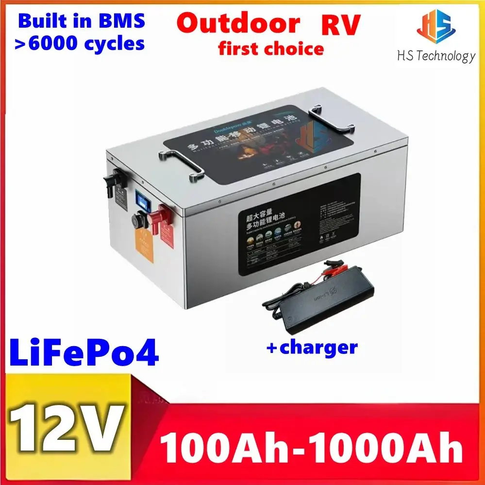 HS 12V Lifepo4 100Ah Battery 200Ah 300Ah 400Ah 500Ah 600Ah 800Ah 1000Ah for portable Backup Power Solar System inverter Outdoor