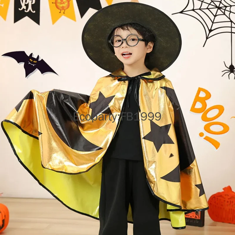 2pcs Set Kids Halloween Magician Costume Gold Stars Moon Printed Cloak With Witch Hat Children Carnival Party Fancy Dress Up