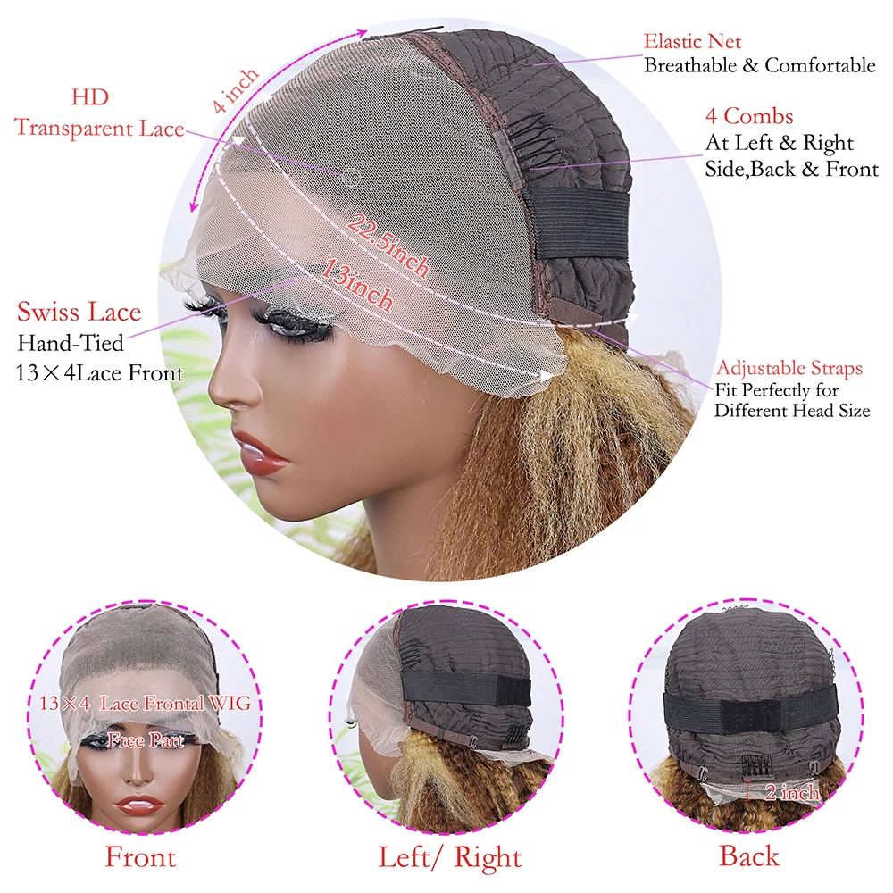 Yaki Straight Transparent Lace Frontal Human Hair Wigs Kinky Straight Lace Front Wigs 4/27 Short Brown Blonde Human Hair Bob Wig