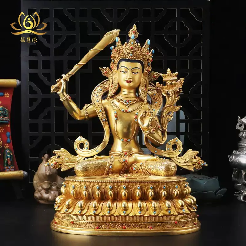 10Inch-sized brass Tibetan-style Manjushri Ksitigarbha Vajrasattva Shakyamuni four-armed double-lotus-seat Buddha statue, gilded